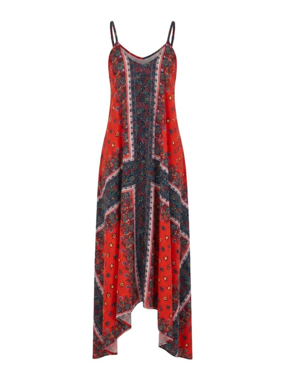Nanette Lepore Red Floral Scarf Print Handkerchief Slip Date Maxi Dress S